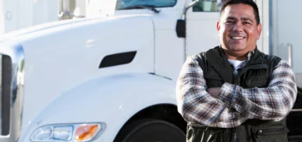 Man standing in front of semi-truck with arms crossed.